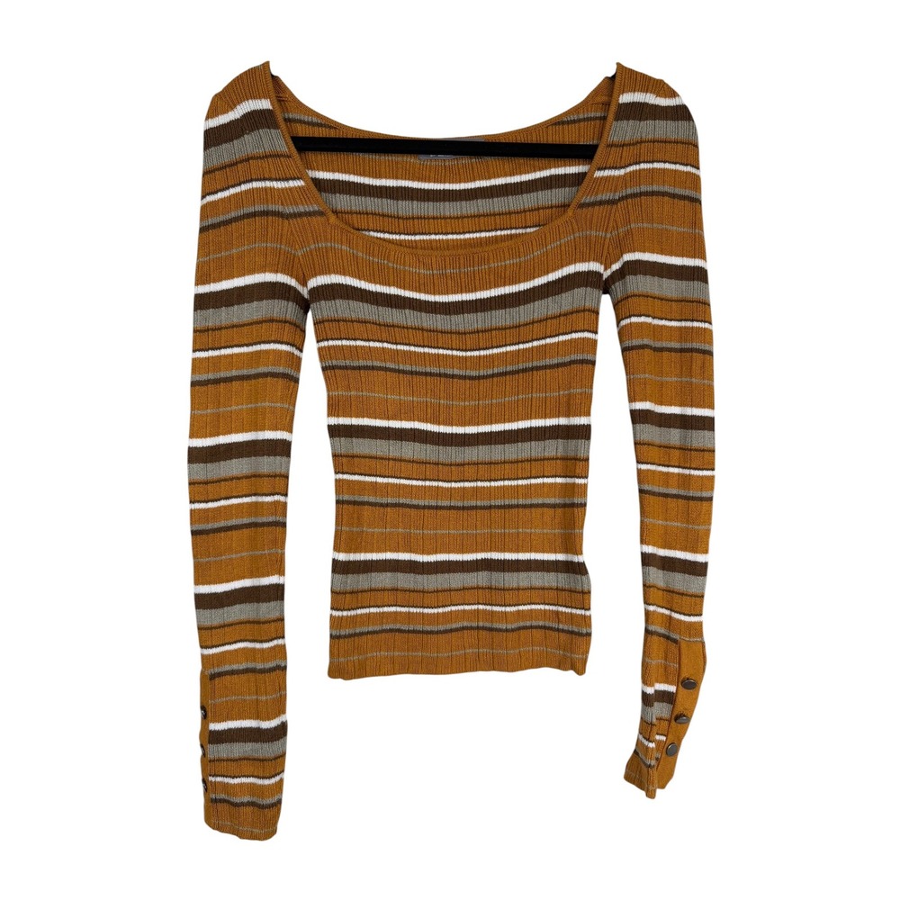 Urban Outfitters Mustard Yellow Striped Ribbed Scoop Neck Top Button Cuff Small
